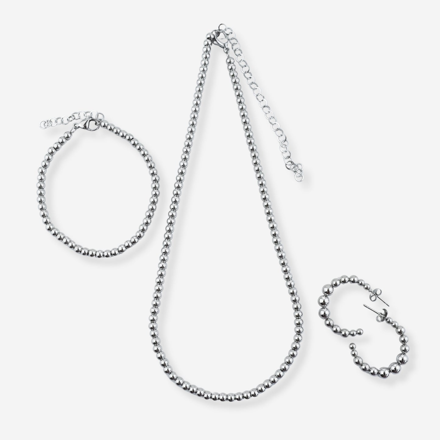 Conjunto Jade– Brincos, Colar e Pulseira em Aço com Esferas