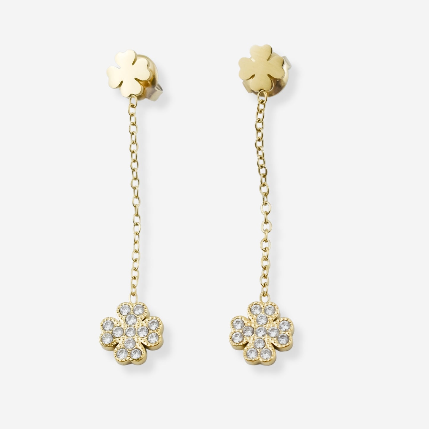 Conjunto Emerald – Brincos, Colar e Pulseira em Aço com Trevos e Zircónias