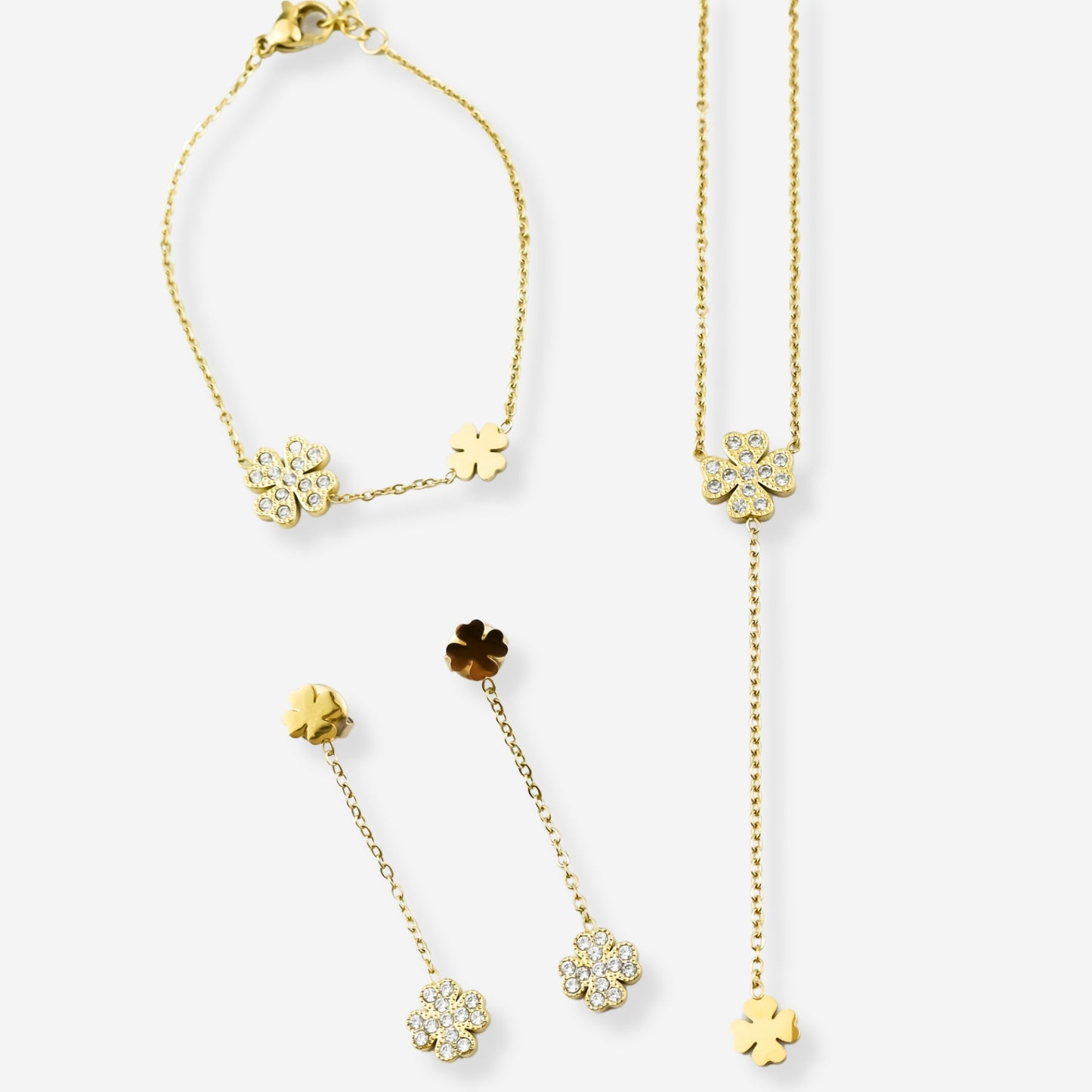 Conjunto Emerald – Brincos, Colar e Pulseira em Aço com Trevos e Zircónias