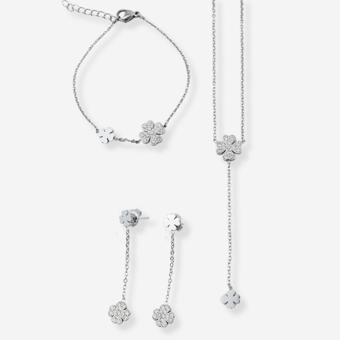 Conjunto Emerald – Brincos, Colar e Pulseira em Aço com Trevos e Zircónias