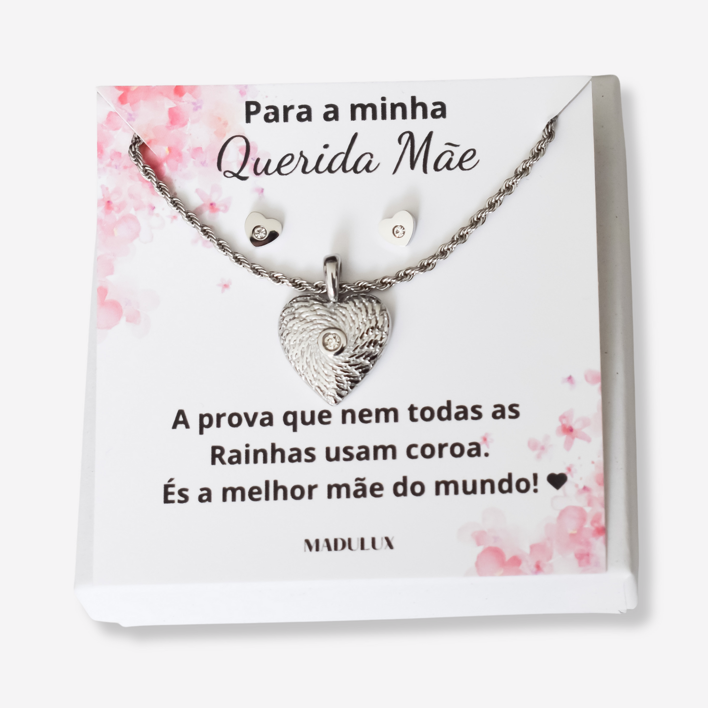 Colar e Brincos Coração com Brilhante em Aço Inoxidável com Cartão Mãe