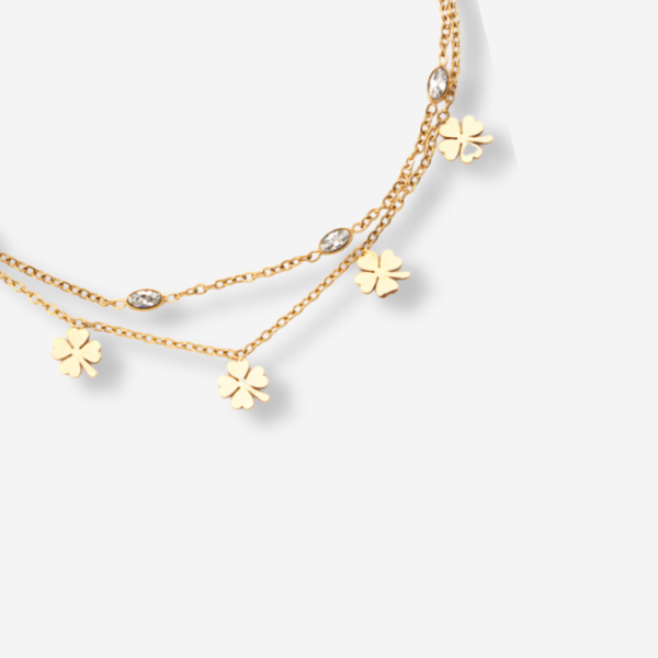 Tornozeleira Dupla com Trevos e Brilhantes em Aço Inoxidável