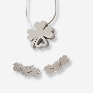 Colar e Brincos Trevo em Aço Inoxidável com Cartão Madrinha