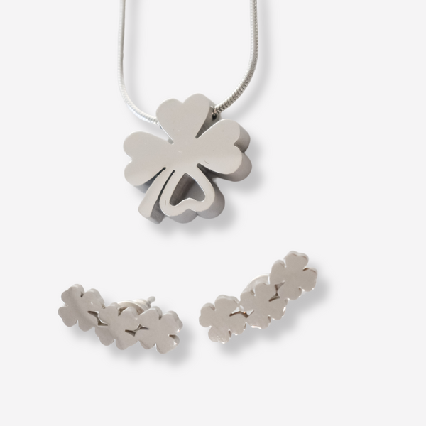 Colar e Brincos Trevo em Aço Inoxidável com Cartão Madrinha