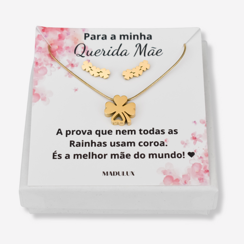 Colar e Brincos Trevo em Aço Inoxidável com Cartão Mãe