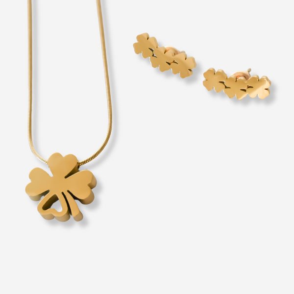 Colar e Brincos Trevo em Aço Inoxidável com Cartão Madrinha