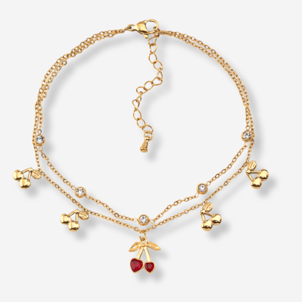 Tornozeleira Dupla com Cerejas e Brilhantes em Aço Inoxidável