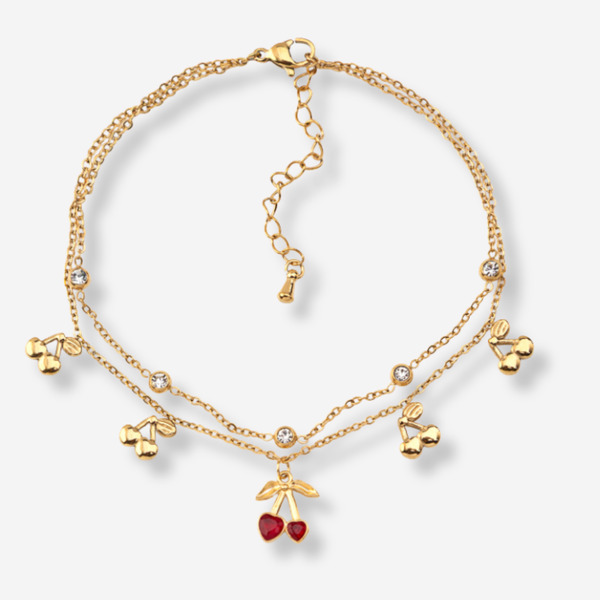 Tornozeleira Dupla com Cerejas e Brilhantes em Aço Inoxidável