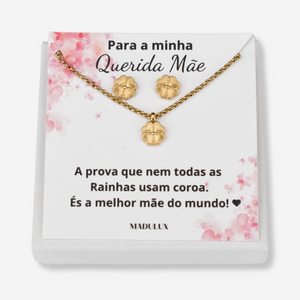 Colar e Brincos Trevo em Aço Inoxidável com Cartão Mãe