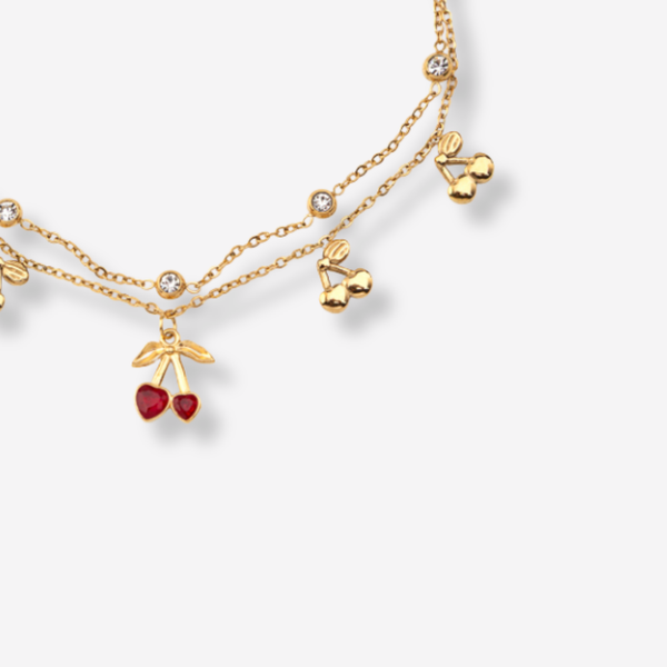 Tornozeleira Dupla com Cerejas e Brilhantes em Aço Inoxidável