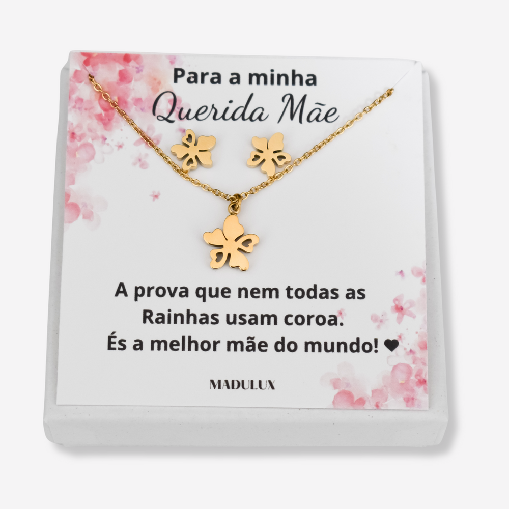 Colar e Brincos Flor em Aço Inoxidável com Cartão Mãe