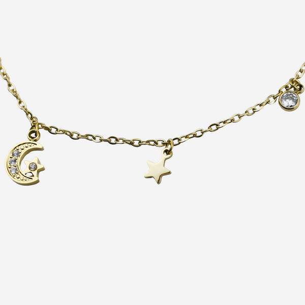 Tornozeleira Lua e Estrela em Aço Inoxidável