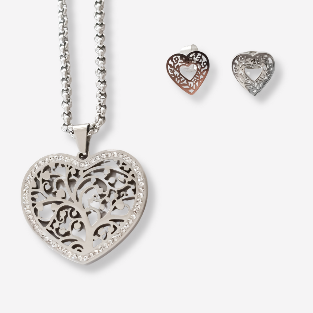 Colar e Brincos Coração Árvore da Vida em Aço Inoxidável com Cartão Madrinha