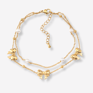 Tornozeleira Dupla com Laços e Pérolas em Aço Inoxidável