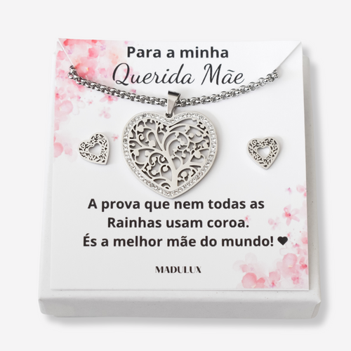 Colar e Brincos Coração Árvore da Vida em Aço Inoxidável com Cartão Mãe