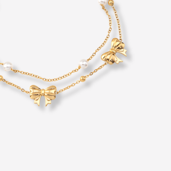 Tornozeleira Dupla com Laços e Pérolas em Aço Inoxidável