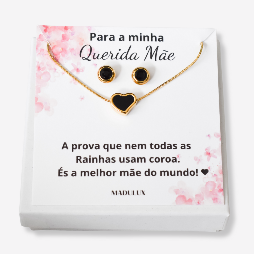 Colar e Brincos Coração Preto em Aço Inoxidável com Cartão Mãe