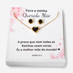 Colar e Brincos Coração Preto em Aço Inoxidável com Cartão Mãe