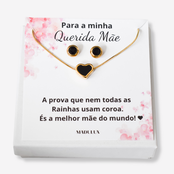 Colar e Brincos Coração Preto em Aço Inoxidável com Cartão Mãe