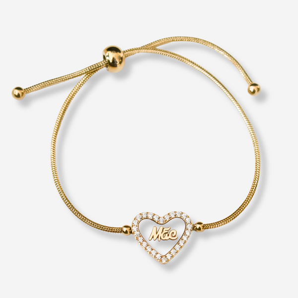 Pulseira Mãe em Aço com Coração e Cartão com mensagem Especial