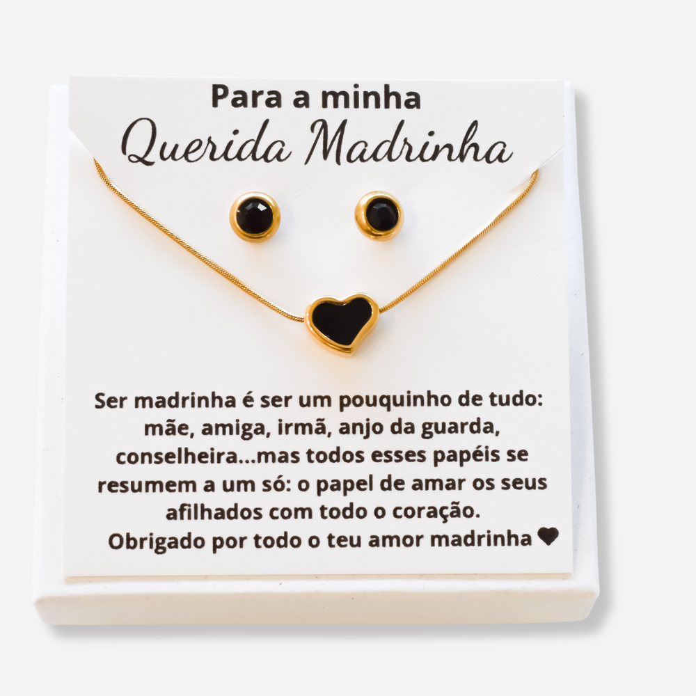 Colar e Brincos Coração Preto em Aço Inoxidável com Cartão Madrinha
