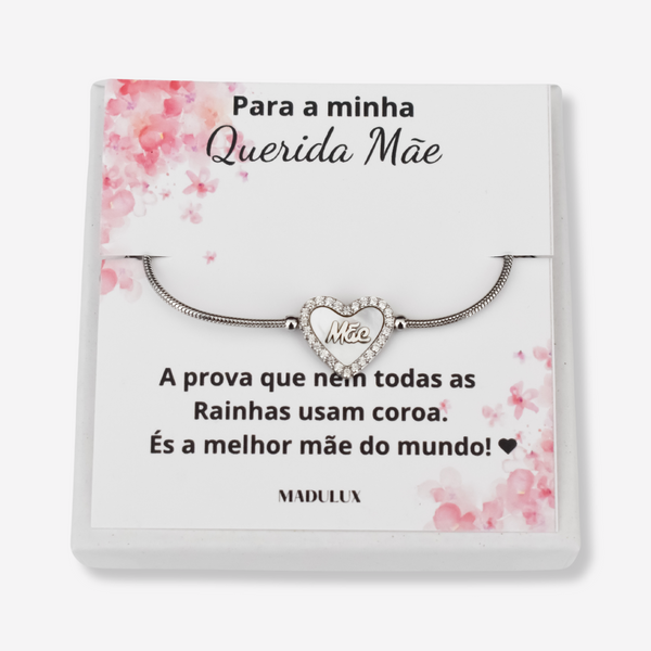 Pulseira Mãe em Aço com Coração e Cartão com mensagem Especial