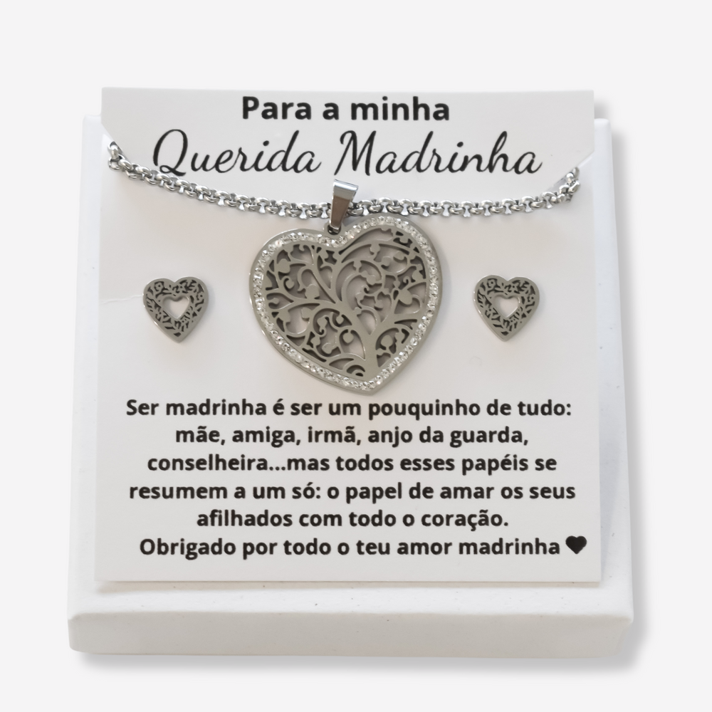 Colar e Brincos Coração Árvore da Vida em Aço Inoxidável com Cartão Madrinha