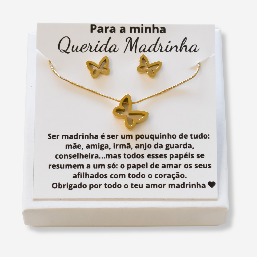 Colar e Brincos Borboleta em Aço Inoxidável com Cartão Madrinha