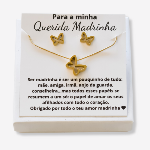 Colar e Brincos Borboleta em Aço Inoxidável com Cartão Madrinha