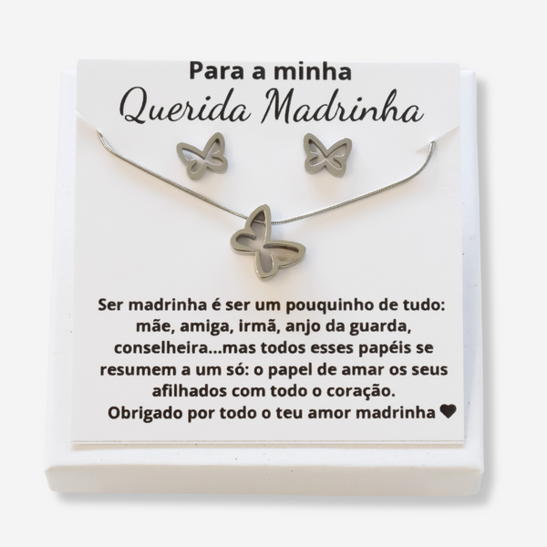 Colar e Brincos Borboleta em Aço Inoxidável com Cartão Madrinha
