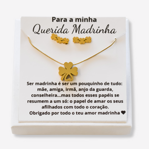Colar e Brincos Trevo em Aço Inoxidável com Cartão Madrinha