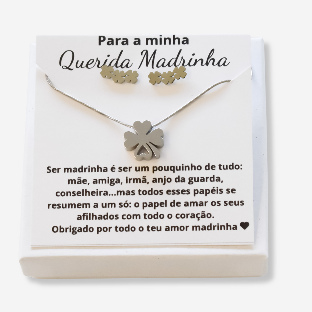 Colar e Brincos Trevo em Aço Inoxidável com Cartão Madrinha