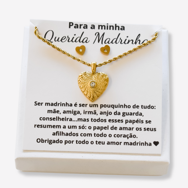 Colar e Brincos Coração com Brilhante em Aço Inoxidável com Cartão Madrinha
