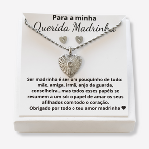 Colar e Brincos Coração com Brilhante em Aço Inoxidável com Cartão Madrinha