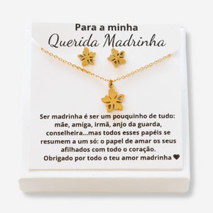 Colar e Brincos Flor em Aço Inoxidável com Cartão Madrinha