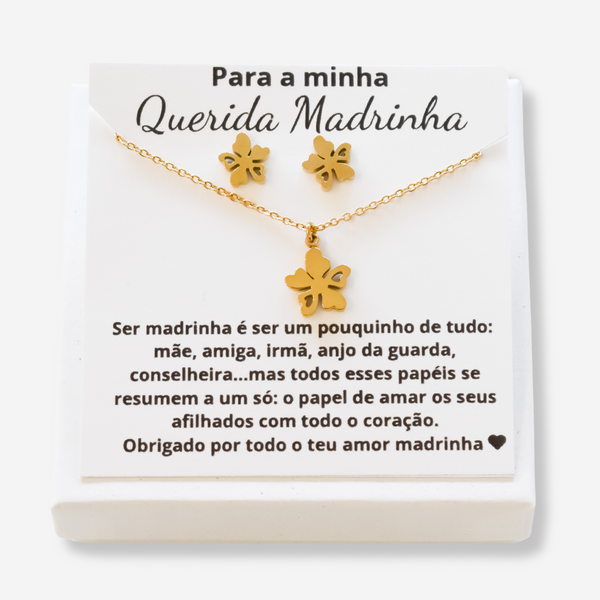 Colar e Brincos Flor em Aço Inoxidável com Cartão Madrinha