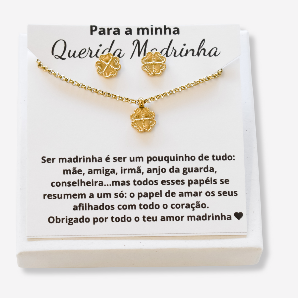 Colar e Brincos Trevo em Aço Inoxidável com Cartão Madrinha