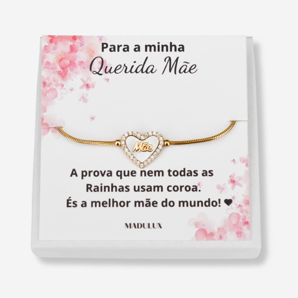 Pulseira Mãe em Aço com Coração e Cartão com mensagem Especial