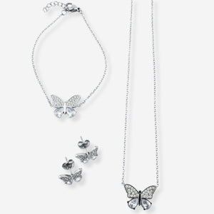 Conjunto Amber – Brincos, Colar e Pulseira em Aço com Borboleta e Zircónias