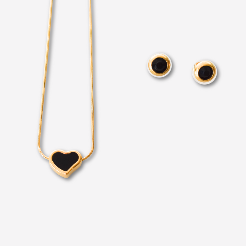 Colar e Brincos Coração Preto em Aço Inoxidável com Cartão Madrinha