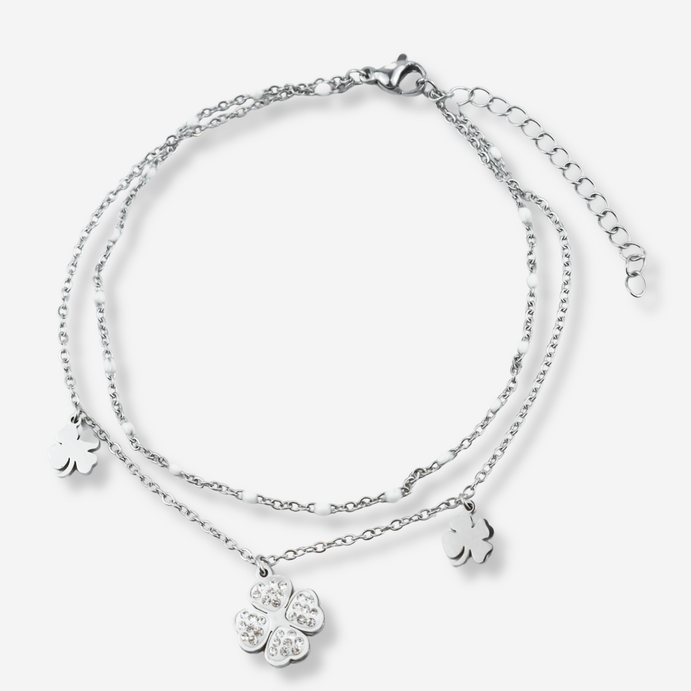 Tornozeleira Dupla em Aço Inoxidável com Trevos