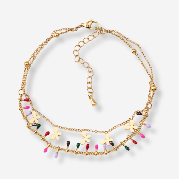 Tornozeleira Dupla Colorida com Borboletas em Aço Inoxidável