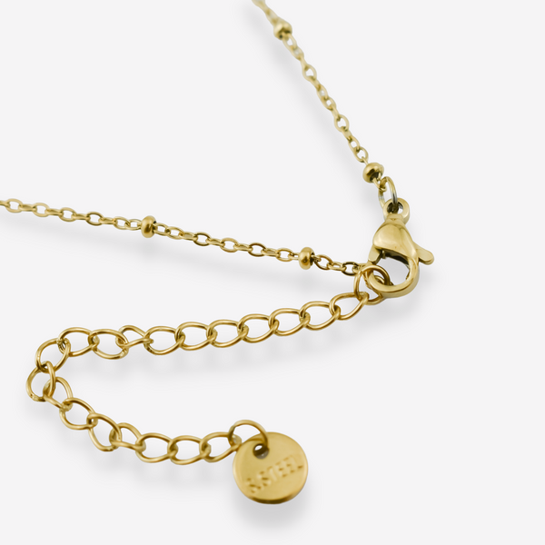 AURORA – Colar em Aço com Esferas e Medalha em Madrepérola com Rosa e Brilhante