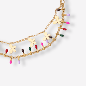 Tornozeleira Dupla Colorida com Borboletas em Aço Inoxidável