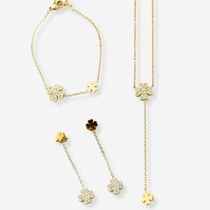 Conjunto Emerald – Brincos, Colar e Pulseira em Aço com Trevos e Zircónias 