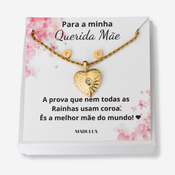 Colar e Brincos Coração com Brilhante em Aço Inoxidável com Cartão Mãe