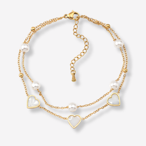 Tornozeleira Dupla com Corações Madrepérola e Pérolas em Aço Inoxidável