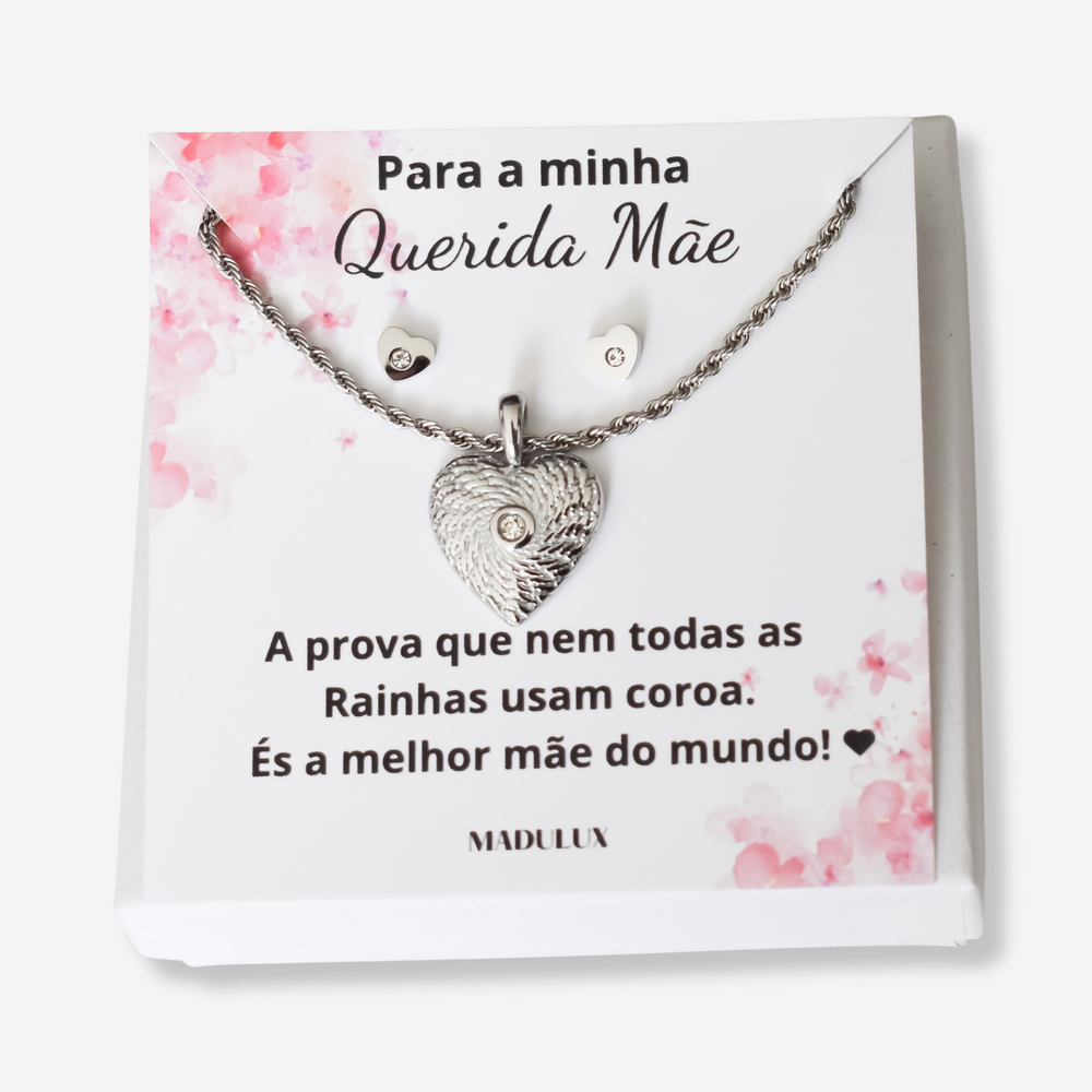 Colar e Brincos Coração com Brilhante em Aço Inoxidável com Cartão Mãe