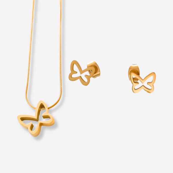 Colar e Brincos Borboleta em Aço Inoxidável com Cartão Madrinha