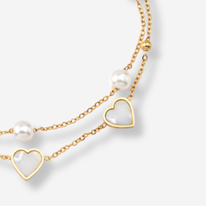 Tornozeleira Dupla com Corações Madrepérola e Pérolas em Aço Inoxidável